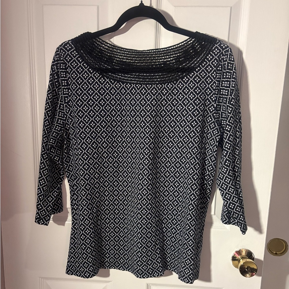 Croft & Barrow Black Print Knit Top with Lace border at neck